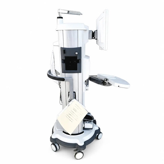 White and silver medical-grade mobile treatment unit with monitor and caster wheels of whitestar signature phacoemulsifier