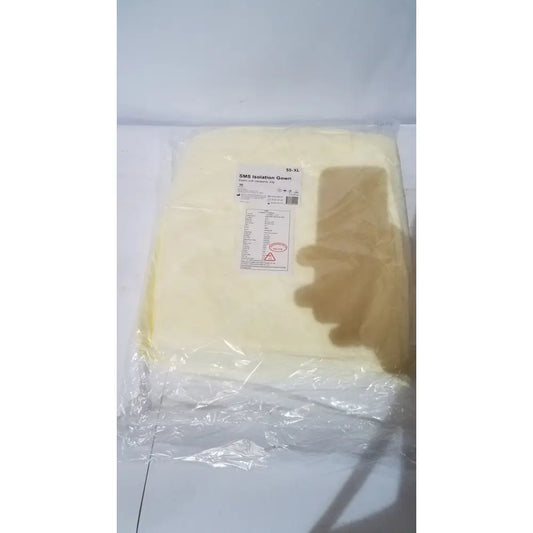 Pale yellow xiantao 55-xl sms isolation gown with elastic cuff ultrasonic sealed 23g packaged in clear plastic size s-xxl