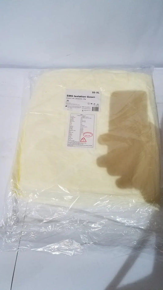 Pale yellow xiantao 55-xl sms isolation gown with elastic cuff ultrasonic sealed 23g packaged in clear plastic size s-xxl