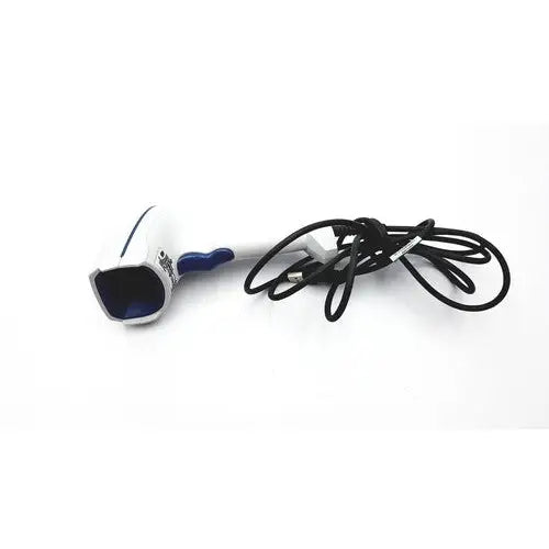 White and blue handheld hair dryer with coiled black power cord unrelated to zebra ds8108 standard range laser scanner