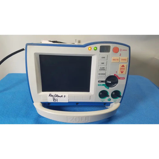 Blue and white zoll r series als patient monitor with digital screen control buttons and surepower battery pack