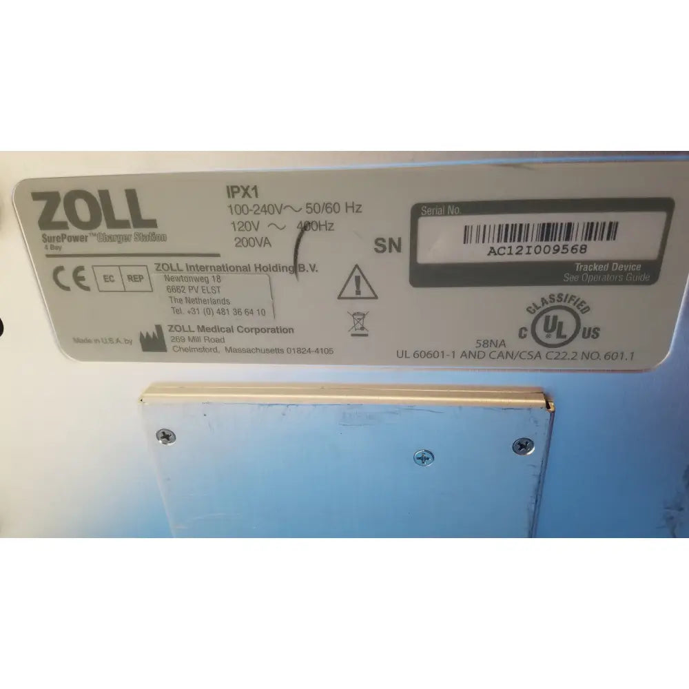 Zoll surepower 4 bay charger station ipx1 with white label showing technical specifications and certification marks