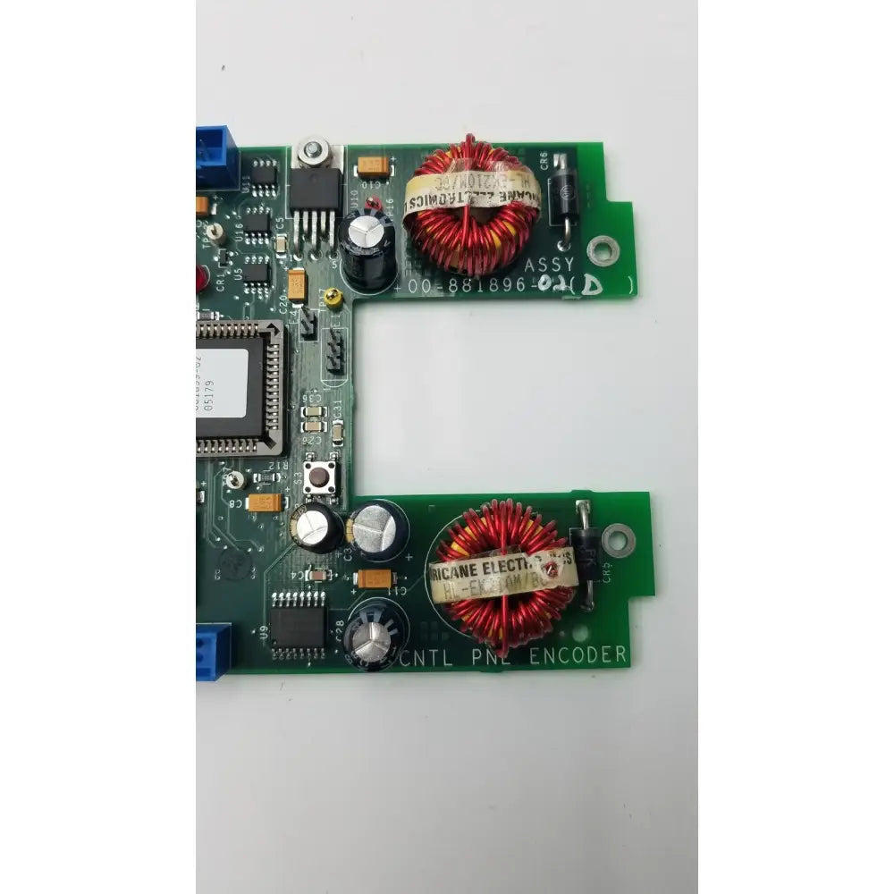 Green circuit board with red-coiled inductors and components of control panel encoder board for ge 9800 c-arm system