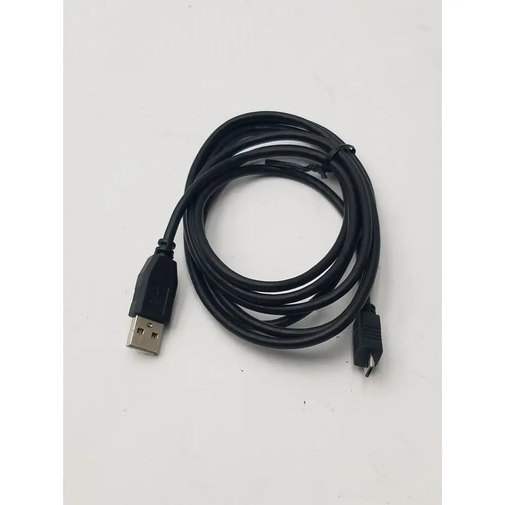 Black usb a to mini 5 pin b data charging cable cord adapter coiled neatly with simple plastic sheath for charging use