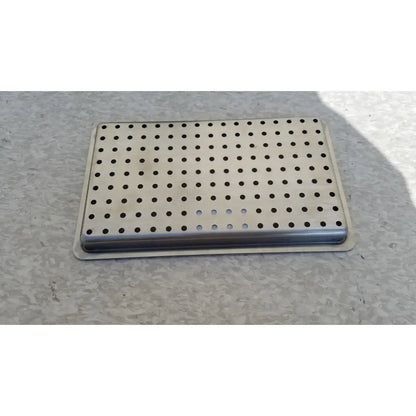 Rectangular stainless steel 1 layer tray with circular perforations for instrument sterilization case use