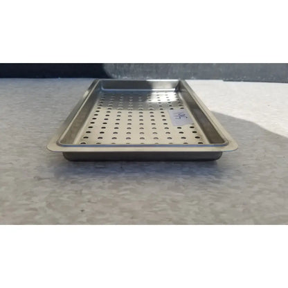 Rectangular stainless steel perforated tray with raised rim for 1 layer of tray in instrument sterilization case