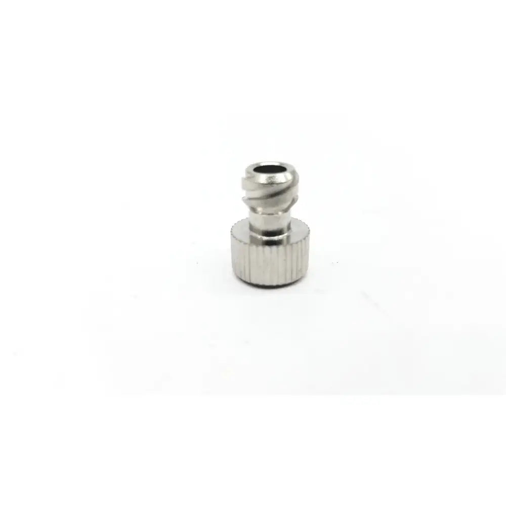 Silver metallic threaded attach connector with knurled base and tapered top convenient tool hassle free design