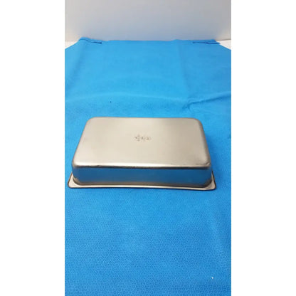 Rectangular stainless steel deep steam table pan 10 inch 2.5 inch deep with raised rim and embossed logo on lid