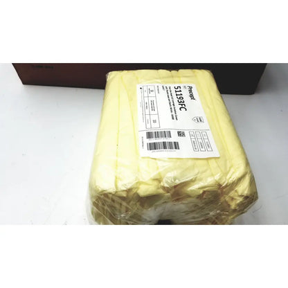 A package of yellow microfiber cleaning cloths wrapped in plastic with a label for 100 count precept medical isolation gowns