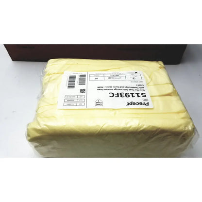 Yellow precept medical isolation gowns count 100 wrapped in clear plastic with visible shipping label 51193fc