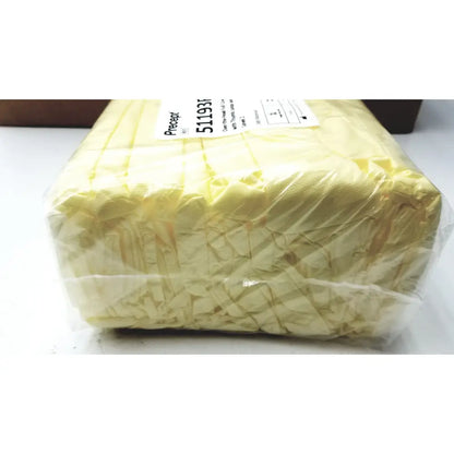 A package of pale yellow crinkled tissue paper wrapped in clear plastic with a white label for count precept medical gowns
