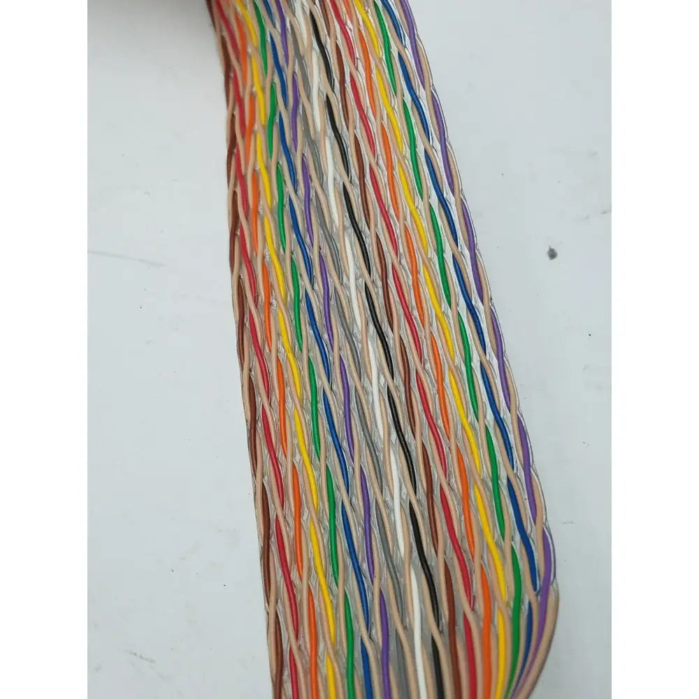 A 12 pin female cable harness featuring a bundle of colorful, individually insulated wires twisted in a rainbow pattern
