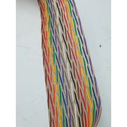 A 12 pin female cable harness featuring a bundle of colorful, individually insulated wires twisted in a rainbow pattern