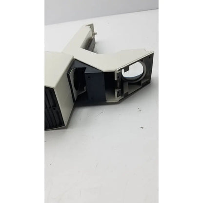 Beige and black plastic microscope stage with circular aperture for 12v 100w leica lamp arm in inverted dm irb ire2 microscope
