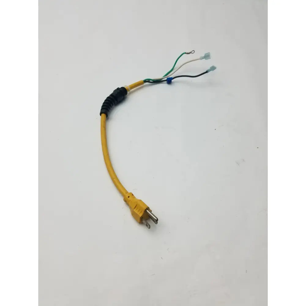 Yellow 120v cord cord grip with black strain relief two-prong plug and multicolored wire connectors for wet dry vac