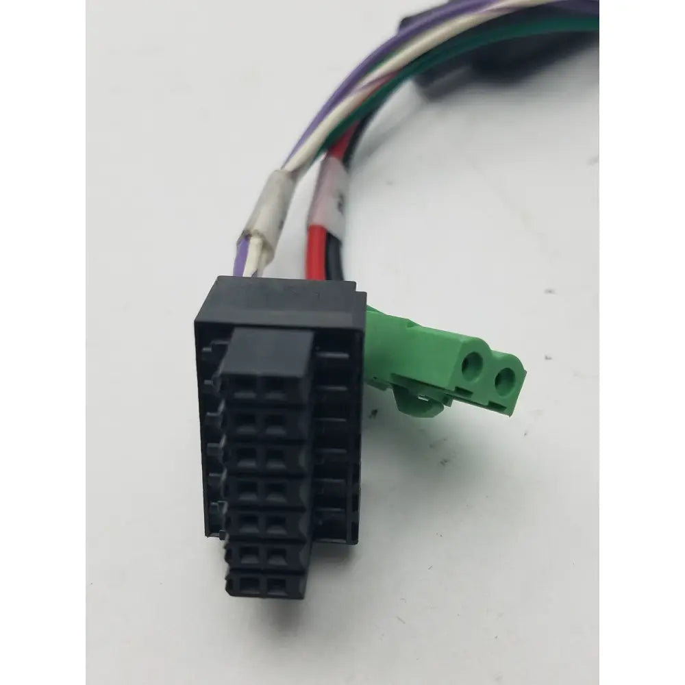 Black plastic 14 pin female connector with green terminal block cable harness and color-coded wire connector cable