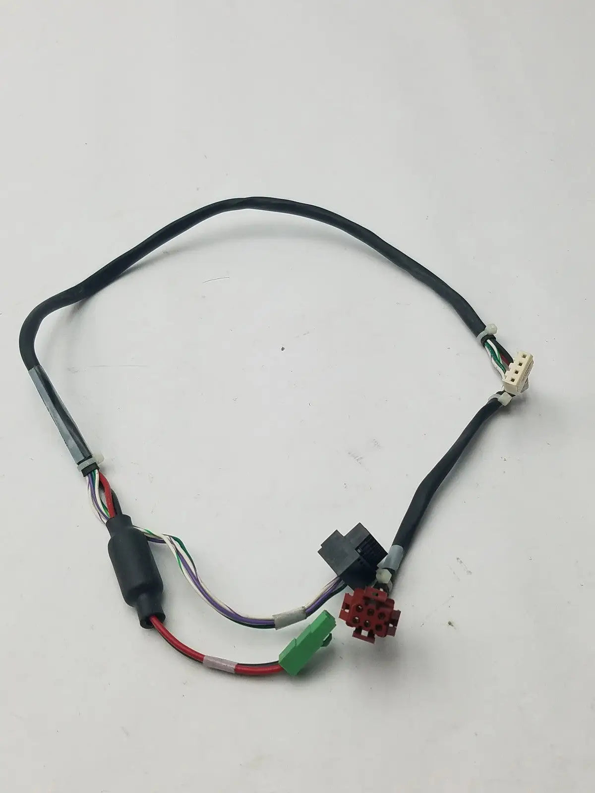 Black insulated 14 pin female connector cable harness with multiple colored wires and green red white black purple connectors