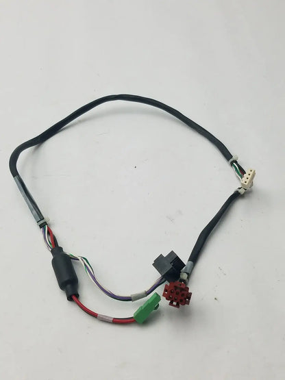 Black insulated 14 pin female connector cable harness with multiple colored wires and green red white black purple connectors