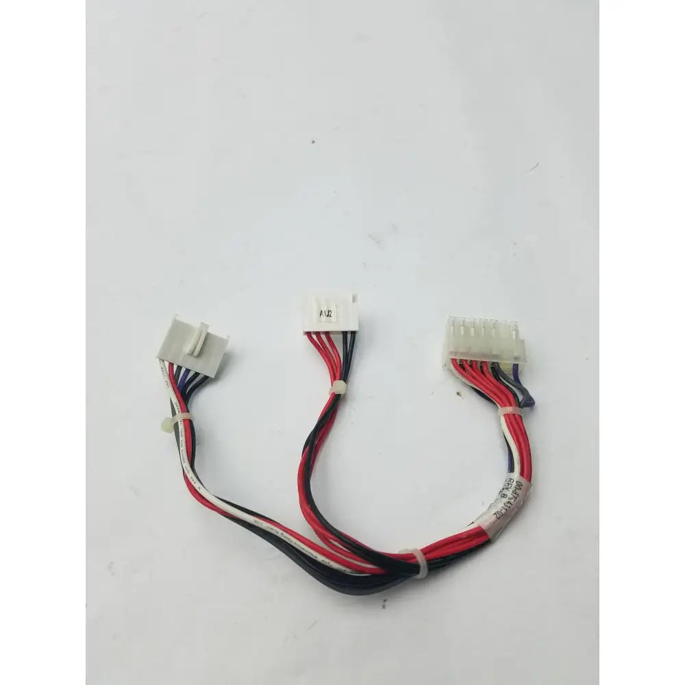 A multi-colored 14 pin female to 2 wire connector cable harness with red and black wires bundled together