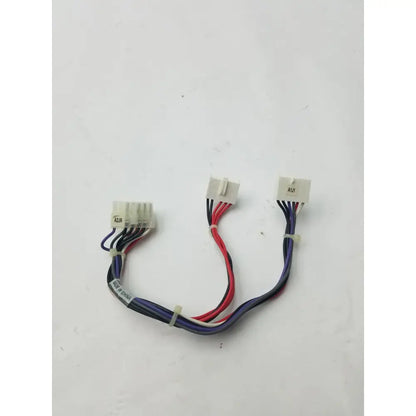 14 pin female to 2 wire connector cable harness with red black and purple wires bundled in a multi-colored connector cable harness