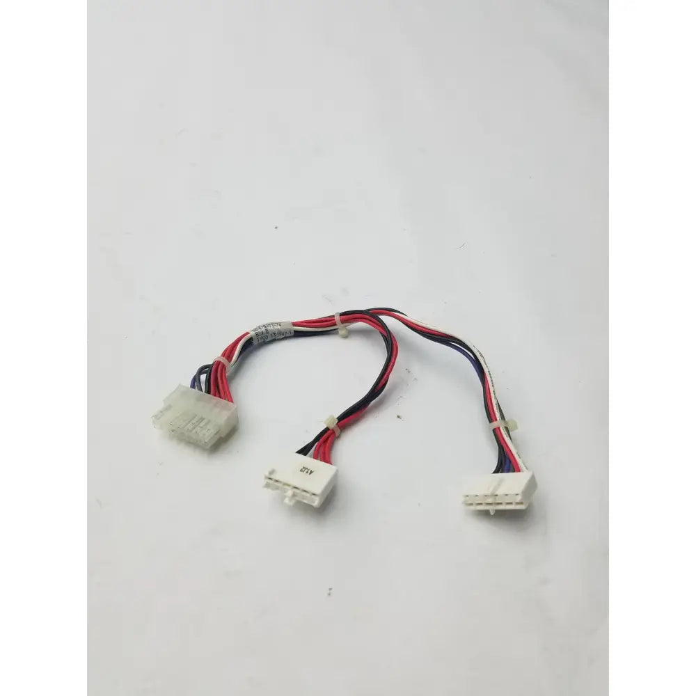White plastic 14 pin female connector cable harness with red black and blue wires for electrical connections