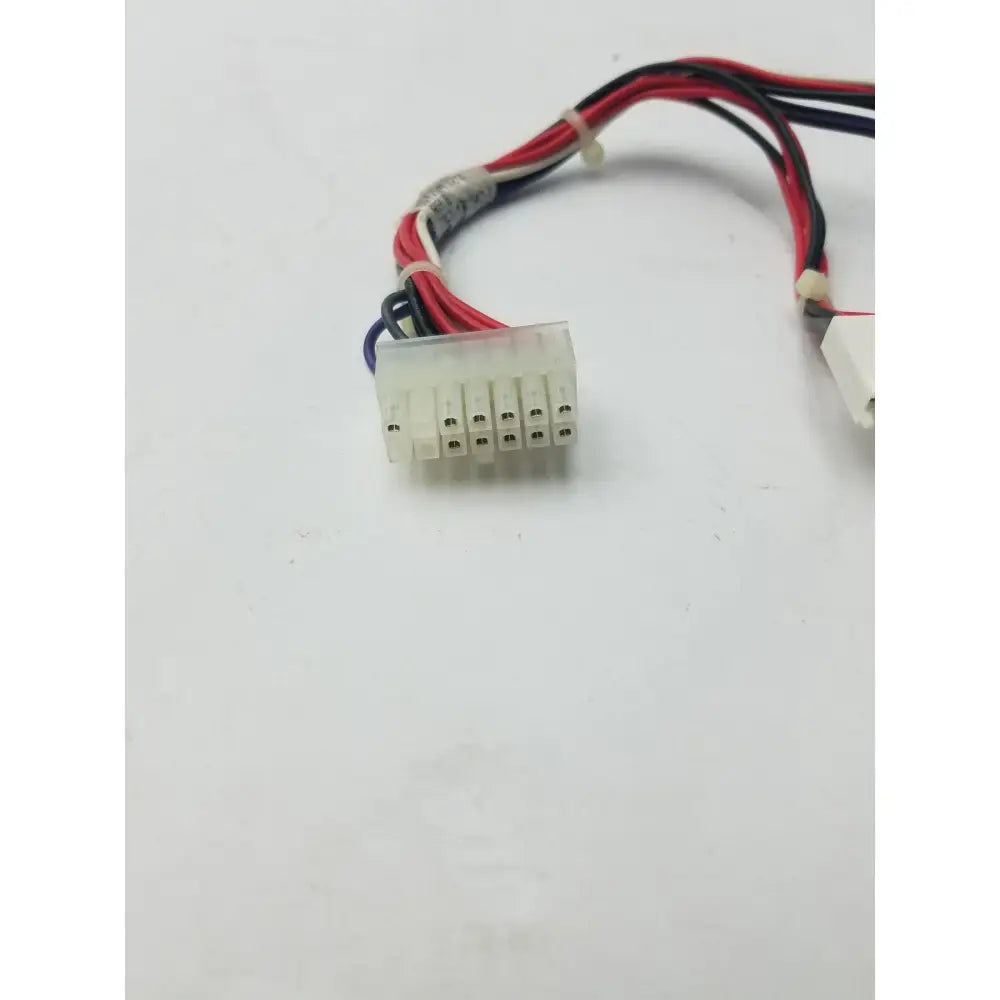 White plastic 14 pin female connector cable harness with bundled red black and purple wires for electrical use