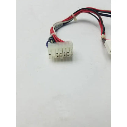 White plastic 14 pin female connector cable harness with bundled red black and purple wires for electrical use
