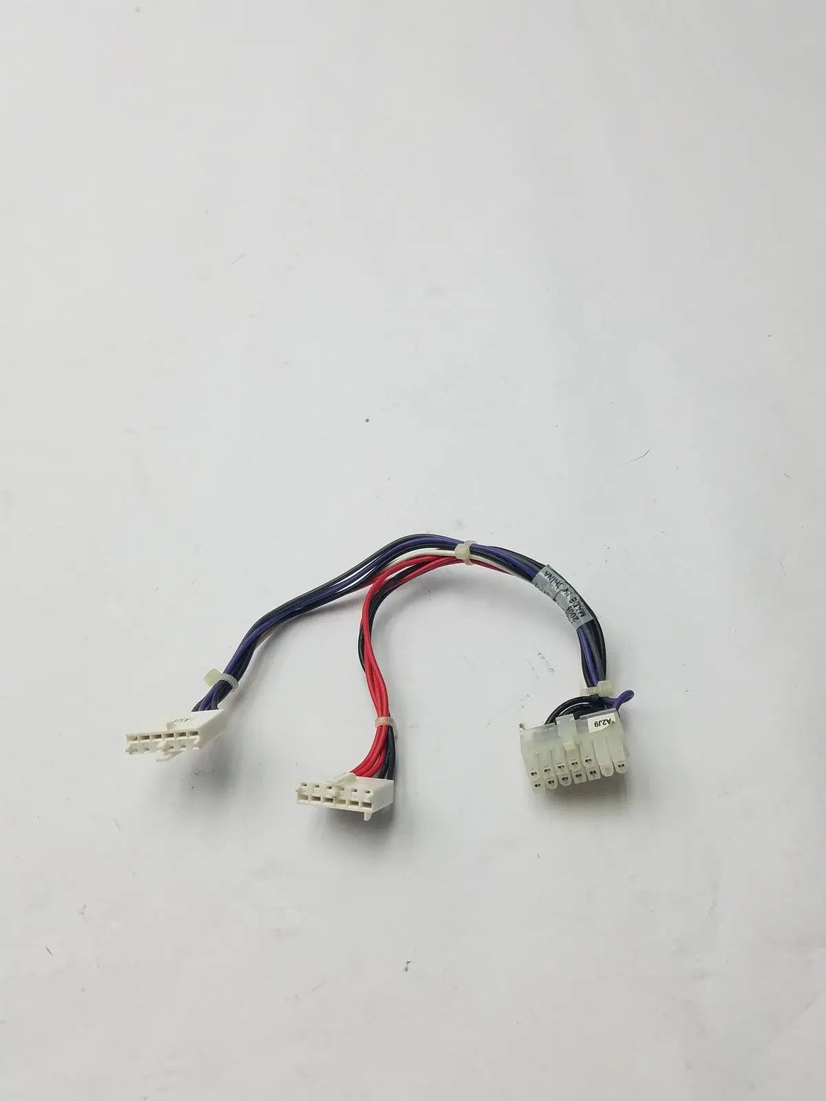 14 pin female to 2 wire connector cable harness with blue red and black insulated wires and three white connectors