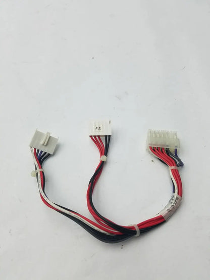 A multi-colored 14 pin female to 2 wire connector cable harness with red and black wires bundled together