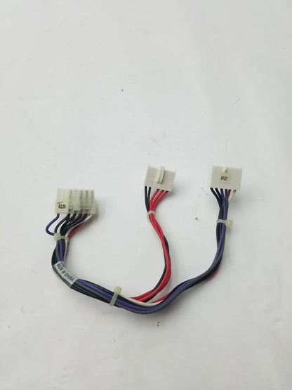14 pin female to 2 wire connector cable harness with red black and purple wires bundled in a multi-colored connector cable harness