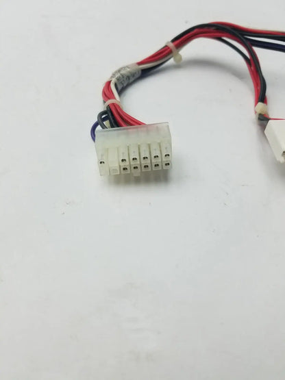 White plastic 14 pin female connector cable harness with bundled red black and purple wires for electrical use