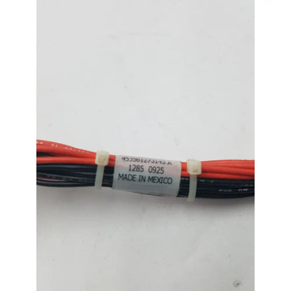 A bundle of red and black insulated wires tied with white plastic ties for a 16 pin male wire harness