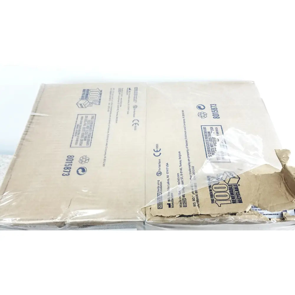 Brown cardboard box wrapped in clear plastic with printed labels containing 160 piece 60ml syriinge luer-lok tip ref packaging