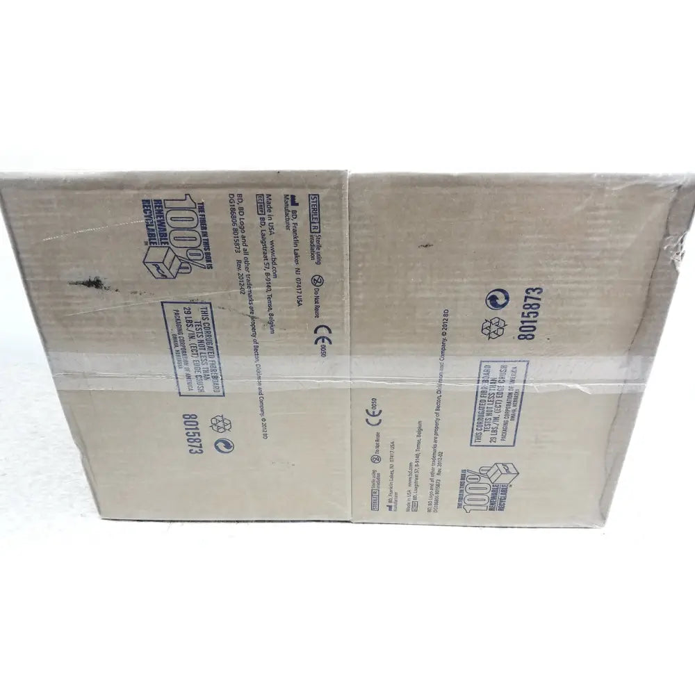 Brown cardboard box with printed labels and recycling symbols containing 160 piece 60ml syriinge luer-lok tip ref 309653