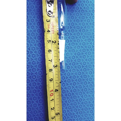 A 1ml clear glass ampoule low borosilicate ybb standard shown with a clear plastic-wrapped pen and yellow measuring tape