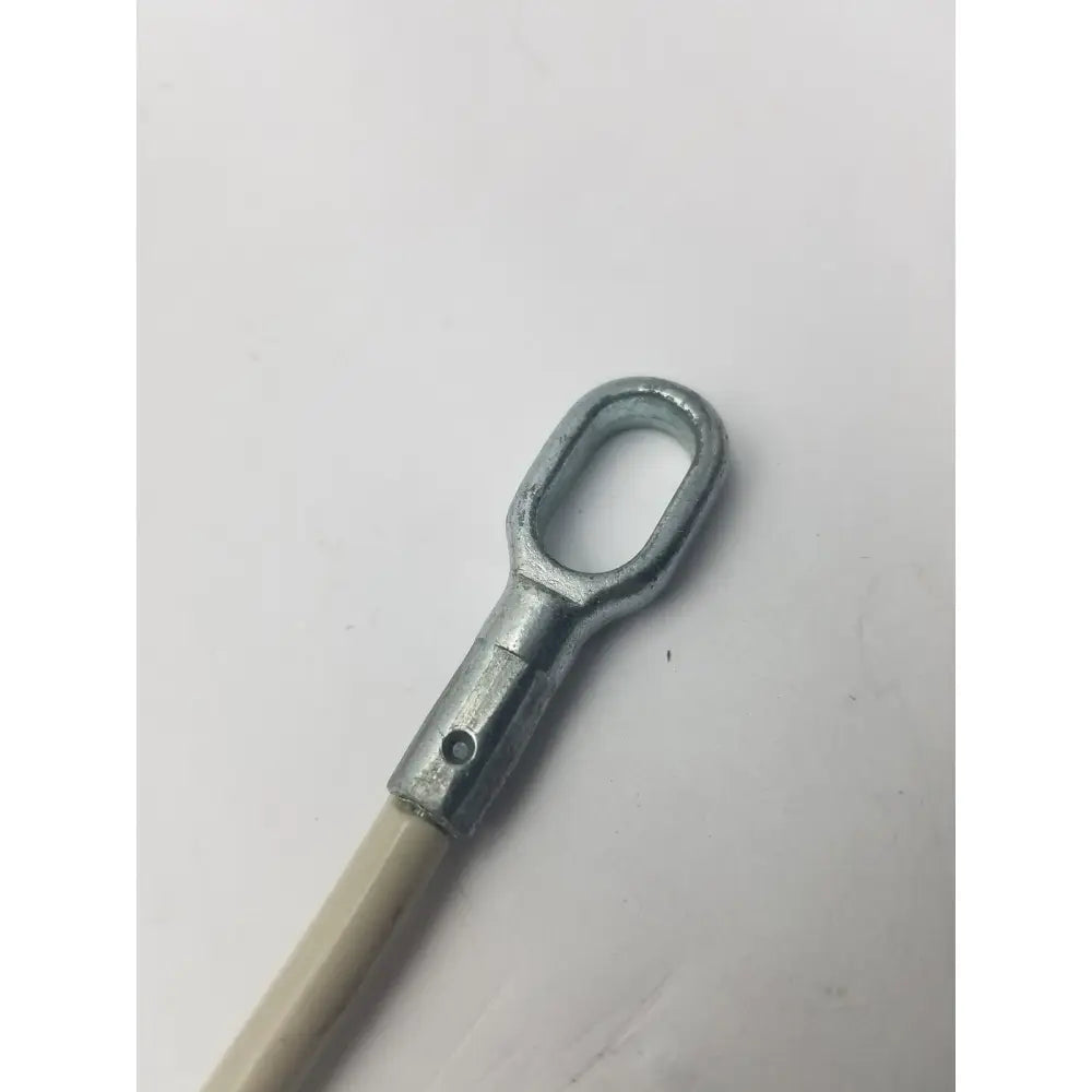 Silver metal eye bolt with cylindrical shaft and threaded hole attached to beige insulated 2 sided cable g-bbdf6-59n