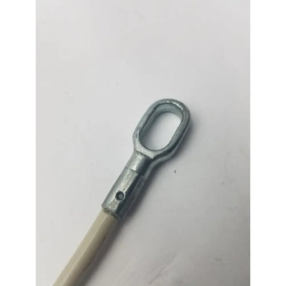 Silver metal eye bolt with cylindrical shaft and threaded hole attached to beige insulated 2 sided cable g-bbdf6-59n
