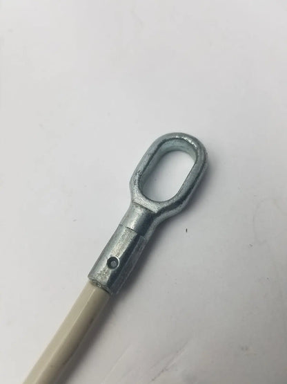 Silver metal eye bolt with cylindrical shaft and threaded hole attached to beige insulated 2 sided cable g-bbdf6-59n