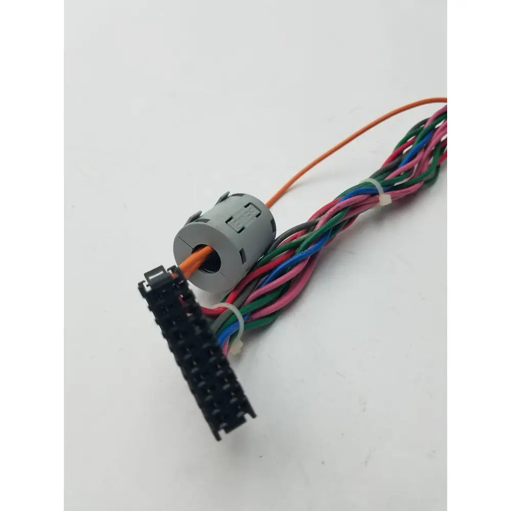 Gray cylindrical 20 pin female to female connector wire harness with black multi-pin plug and bundled multicolored wires