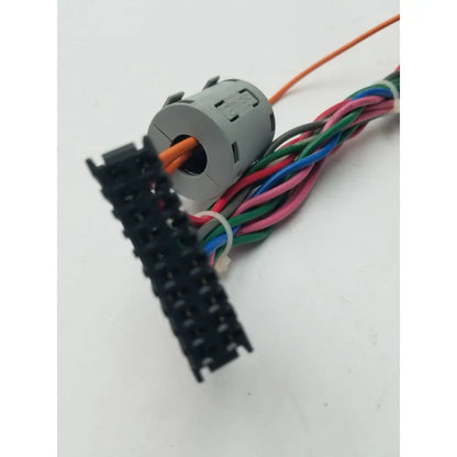 Gray cylindrical 20 pin female to female connector wire harness with orange and multicolored wires attached