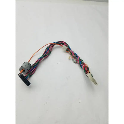 A multi-colored 20 pin female to female connector wire harness with various connectors and a gray cylindrical component
