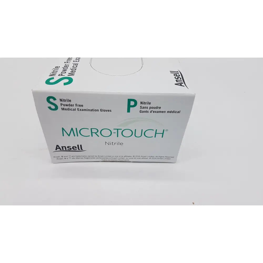 White box of ansell micro-touch pf nitrile medical examination gloves labeled with green s and p sizes