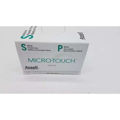White box of ansell micro-touch pf nitrile medical examination gloves labeled with green s and p sizes