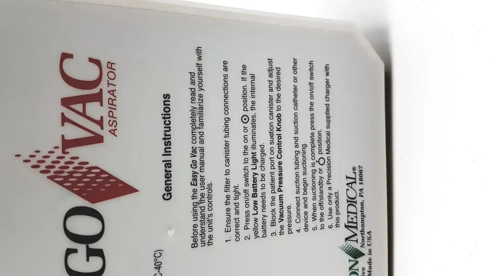 Precision Medical 2011 Precision Medical Easy Go Vac Aspirator With Bottle Medical Suction Aspirator, second-hand product photo 4