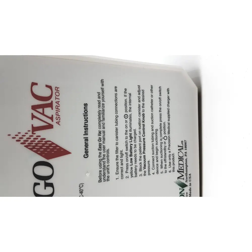 Instruction manual of 2011 precision medical easy go vac aspirator with bottle featuring red and white logo and step-by-step guidance