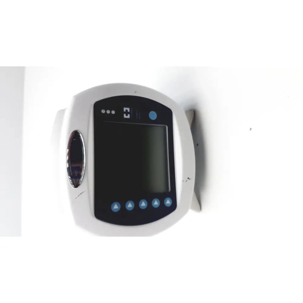 White wall-mounted medical device covidien kangro epump with black screen blue buttons and indicator lights serial c13078066
