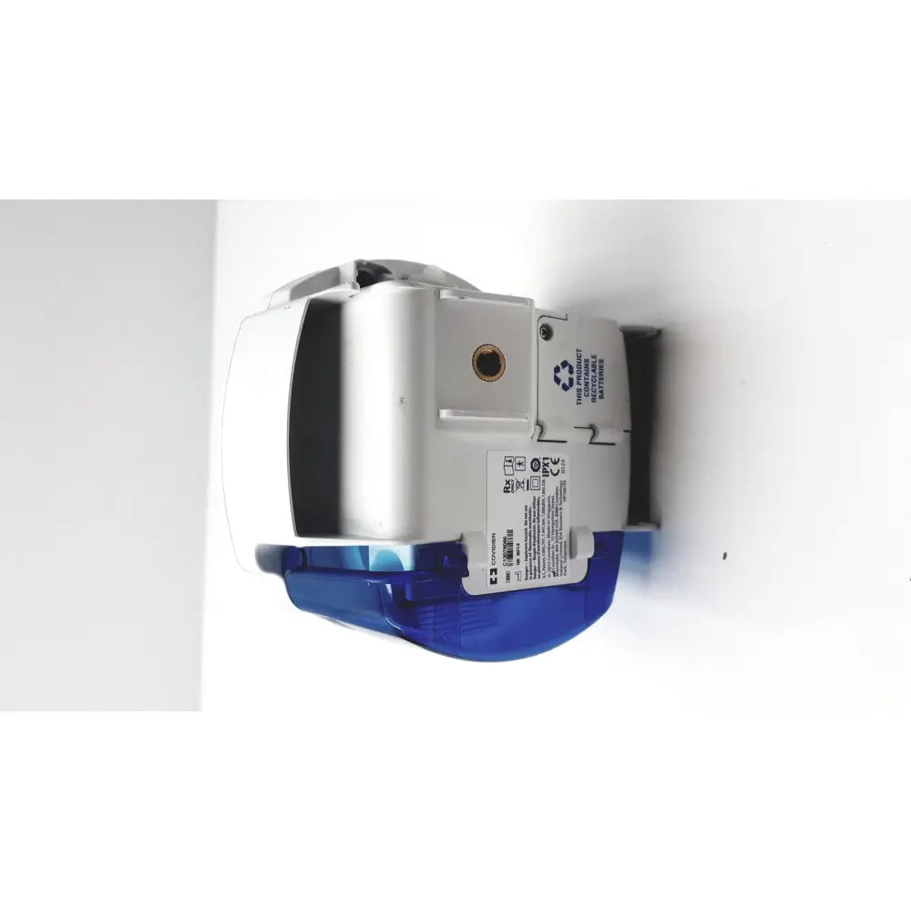 White and blue plastic wall-mounted covidien kangro epump with circular port and serial number c13078066 from 2013