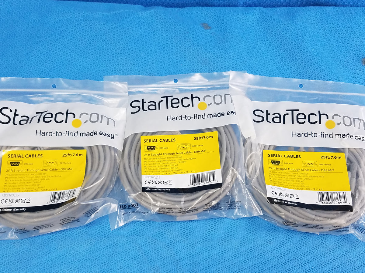 Lot of 3 StarTech 25ft Straight Through Serial Cable DB9 Male To Female MXT100_25