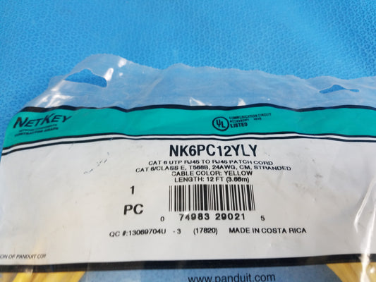 Panduit NetKey NK6PC12YLY CAT6 UTP Copper Patch Cable 12FT
