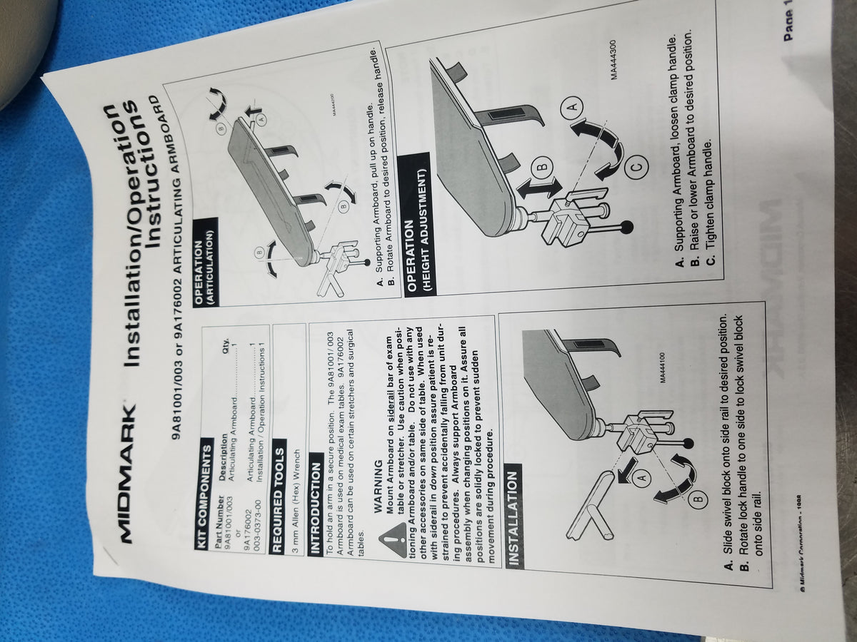 Midmark 9A81001-244 Articulating Armboard Chair Table Pad Mount Kit